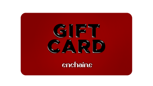A red gift card with the word 'GIFT CARD' in black letters and the ENCHAINE logo below.