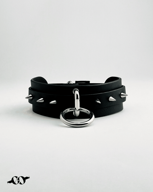 Spiked leather choker with metal attachment ring