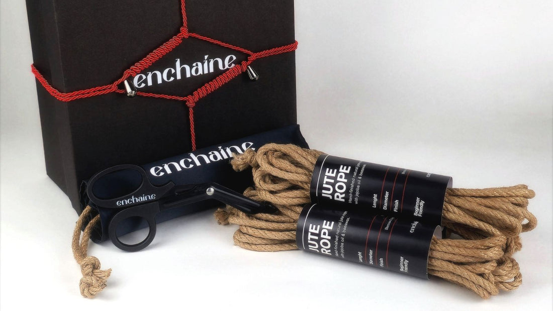 ENCHAINE jute shibari rope kit with safety shears and red-corded gift box