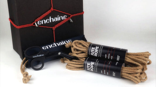 ENCHAINE jute shibari rope kit with safety shears and red-corded gift box