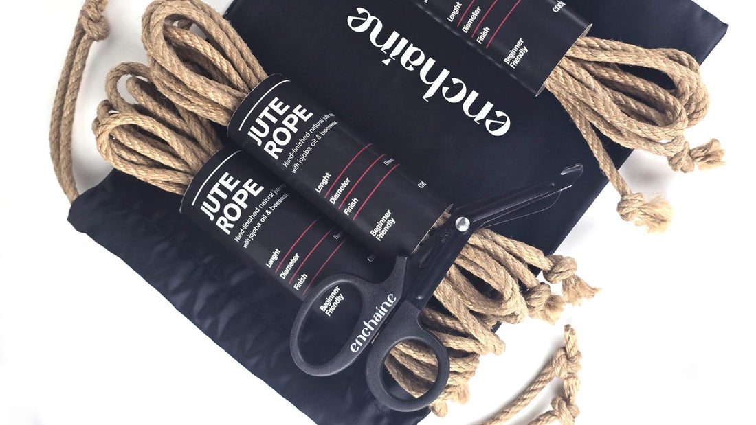ENCHAINE jute shibari rope coils with safety shears and satin storage bag, flat lay