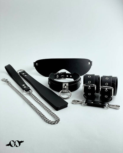 black leather bondage accessories handcuffs, leather paddle, choker and more